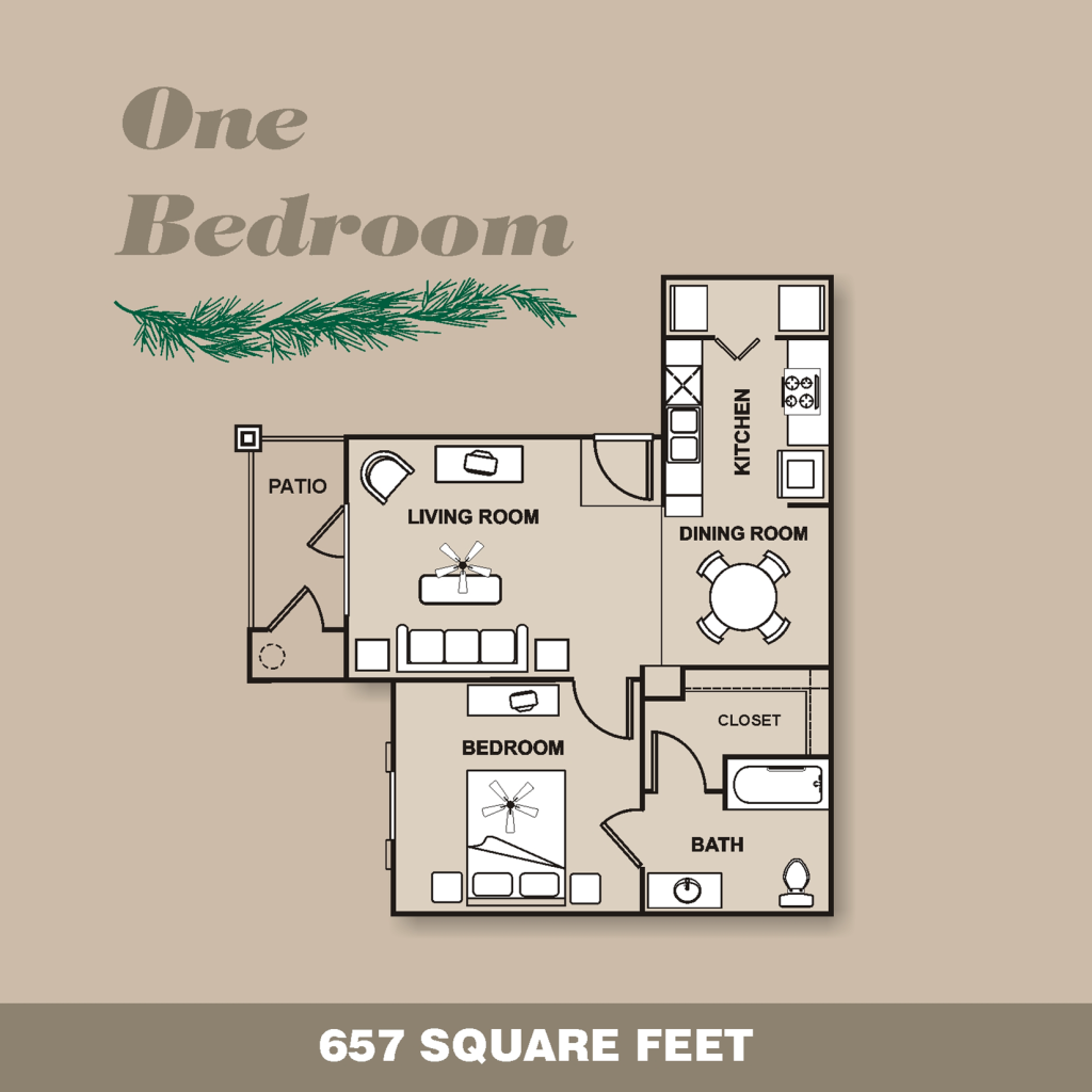 Northland Woods Apartments one bedroom floor plan layout, approximately 657 square feet.