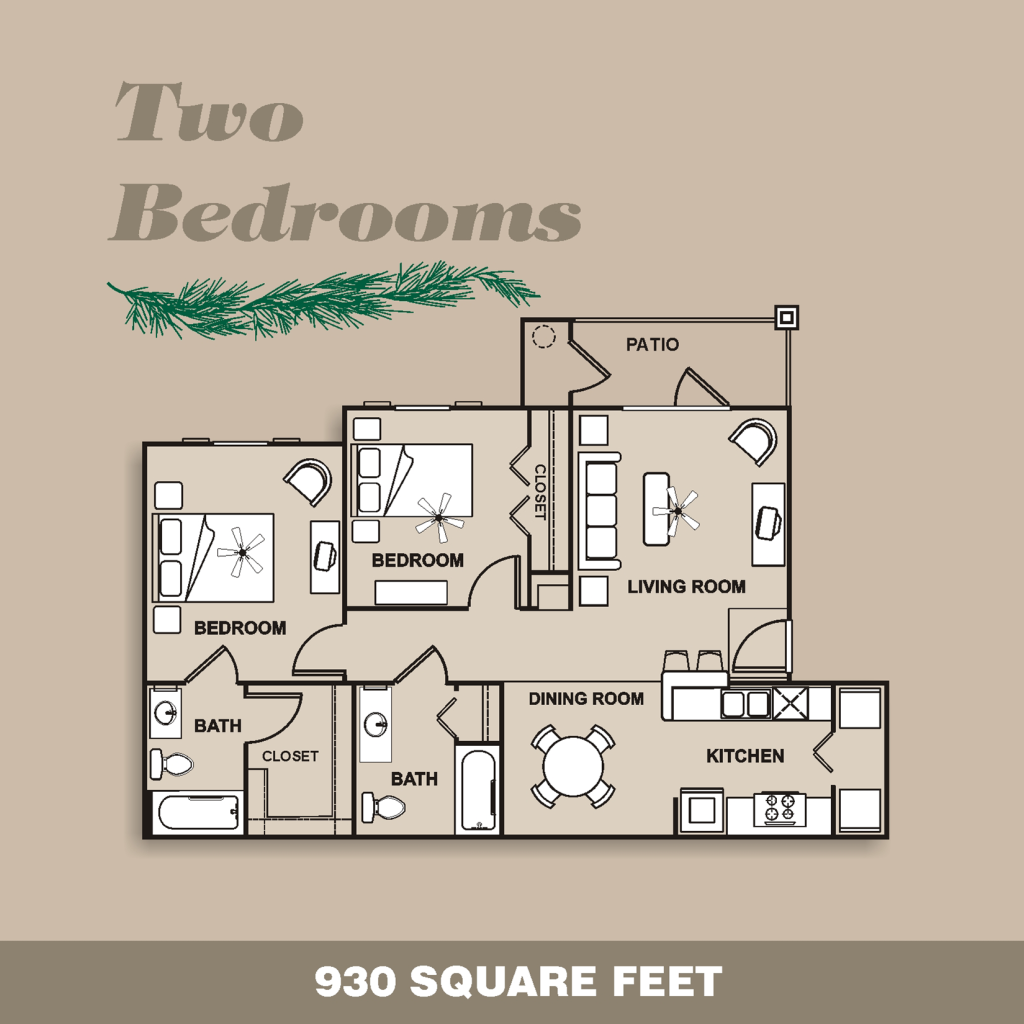 Northland Woods Apartments two bedroom floor plan layout, approximately 930 square feet.
