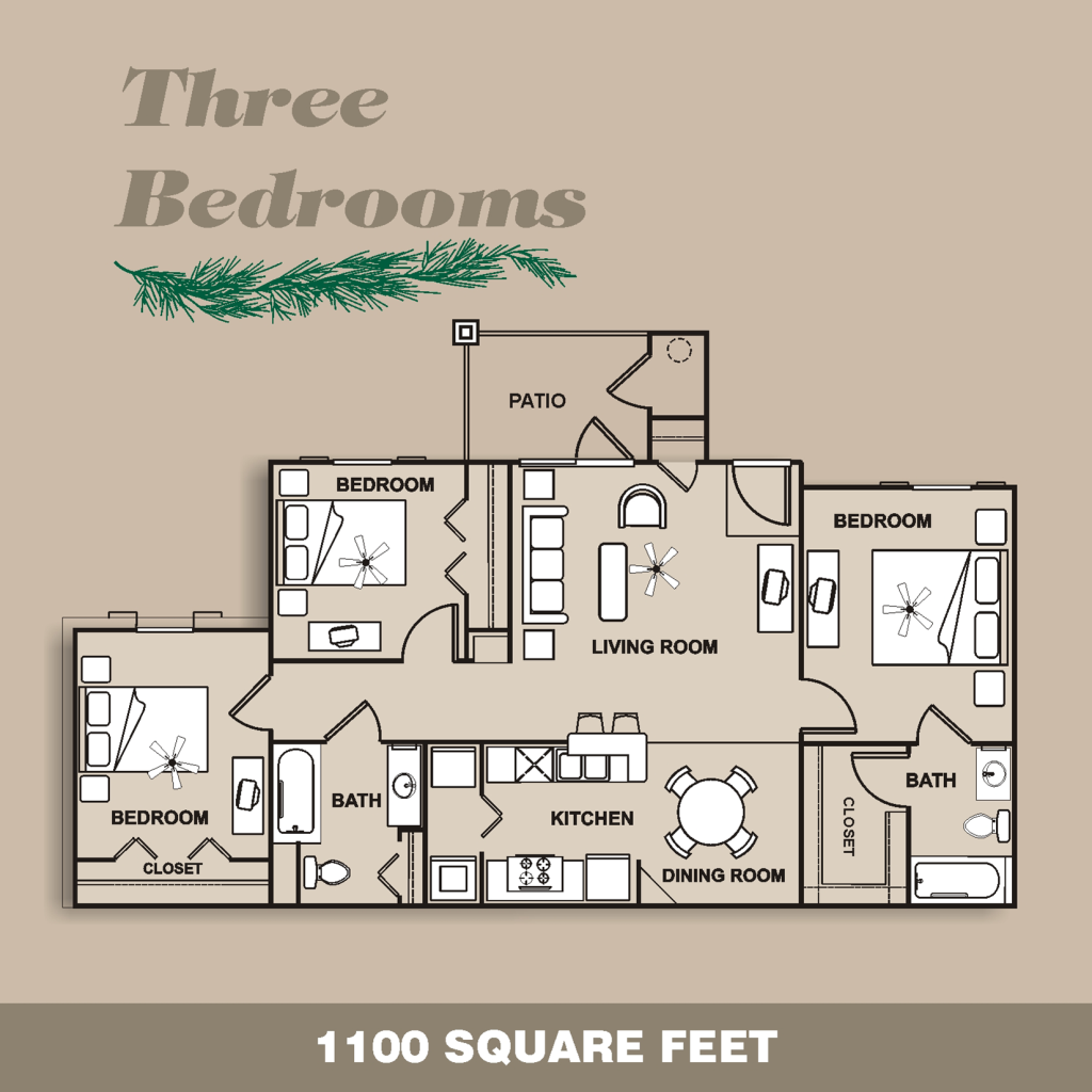 Northland Woods Apartments three bedroom floor plan layout, approximately 1100 square feet.